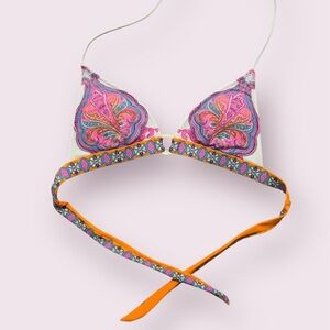 Victoria’s Secret XS Padded Pink Teal Orange Paisley Enamel Ring Bikini Top